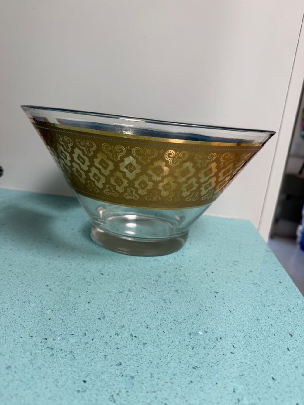 Culver Seville Pattern 22K Gold Turquoise Flared Glass Punch/Serving Bowl Rare